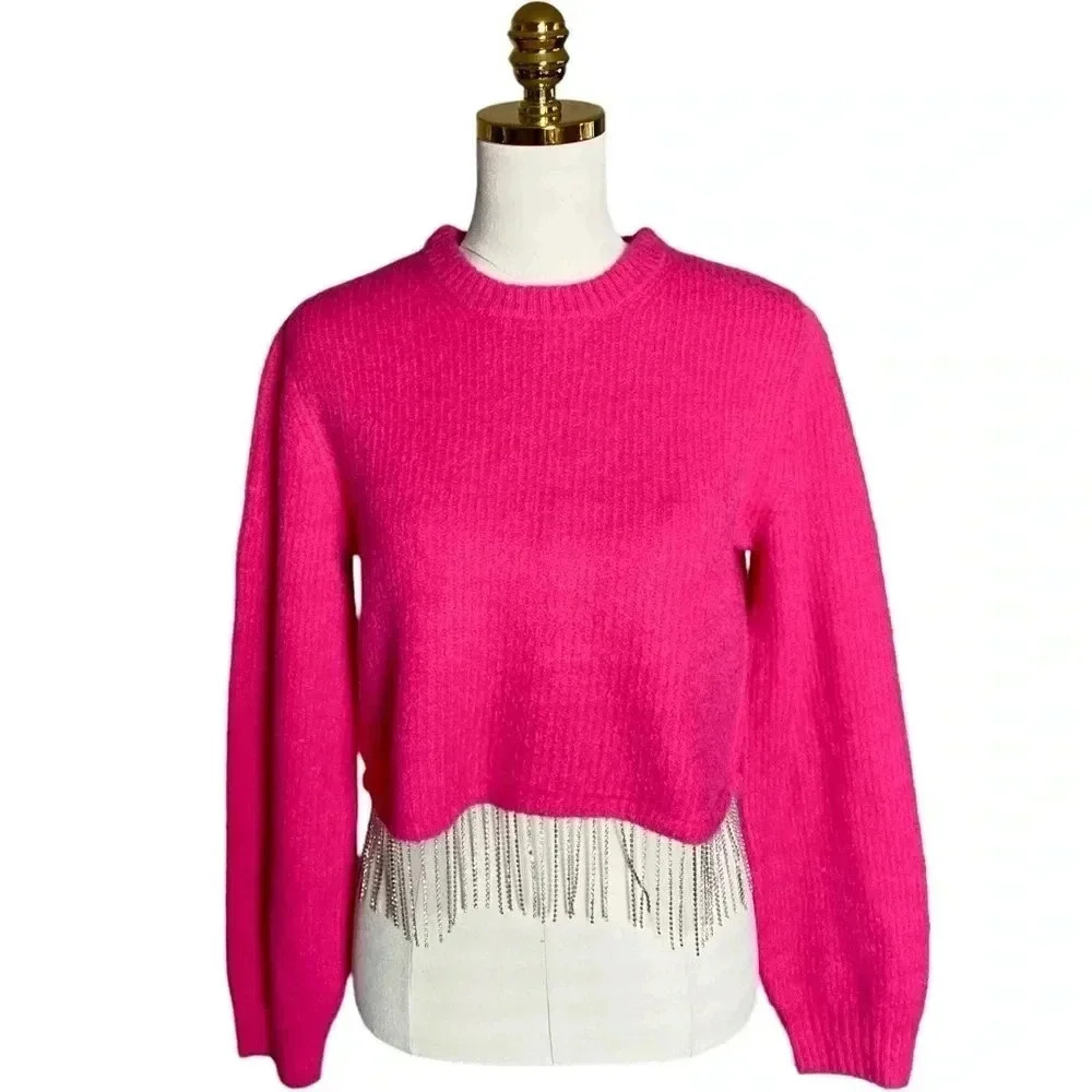 HOUSE OF HARLOW 1960 | Fuchsia Rhinestone Fridge Soft Knit Crop Sweater Size S